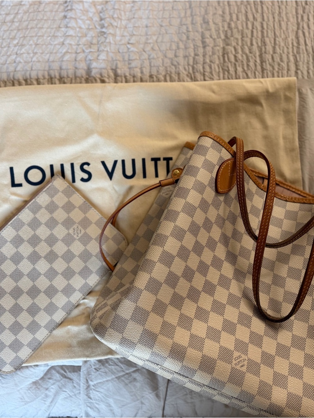 Louis Vuitton Neverfull MM Damier Azur + Matching Pouch – Authentic